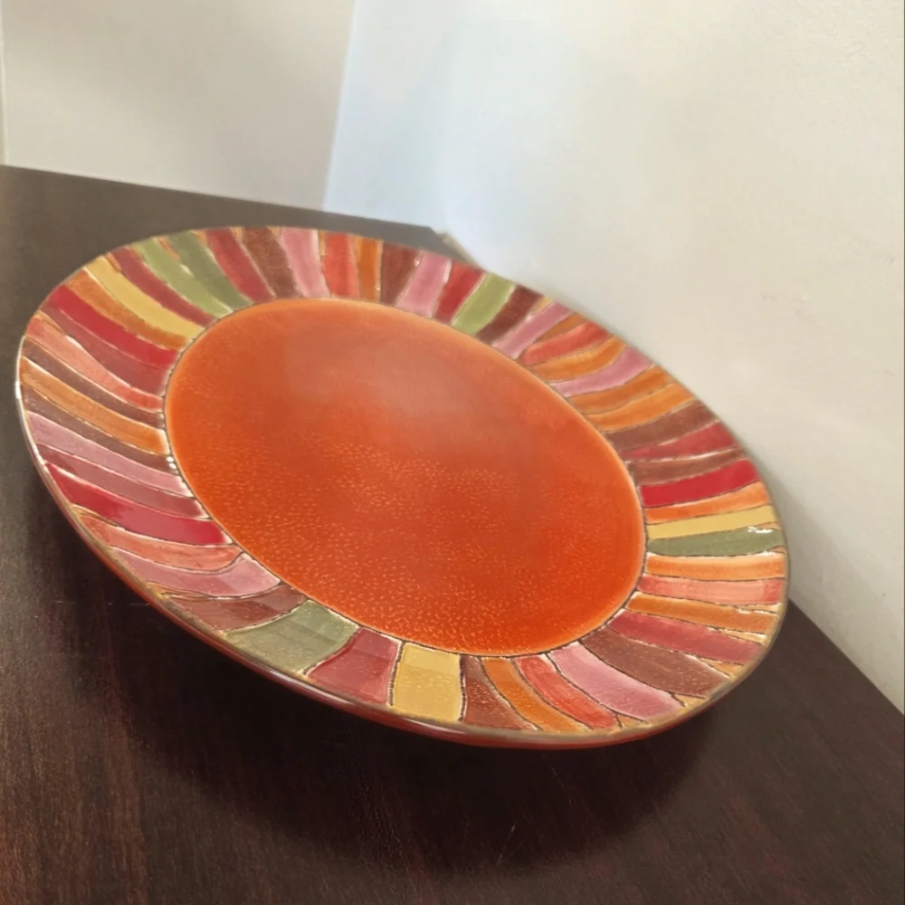 Pier 1 Imports Wavy Stripe Oval Serving Platter Handpainted Stoneware 16